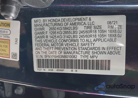 2022 Honda Pilot Awd Ex-L from USA, damaged, VIN 5FNYF6H53NB010082